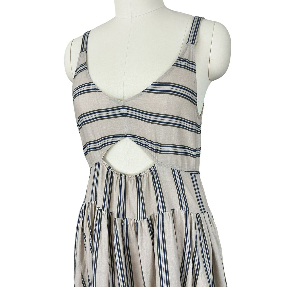 Anthropologie Plenty Linen Fit & Flare Midi Dress L Beige Striped Cutout Tiered - Picture 6 of 16